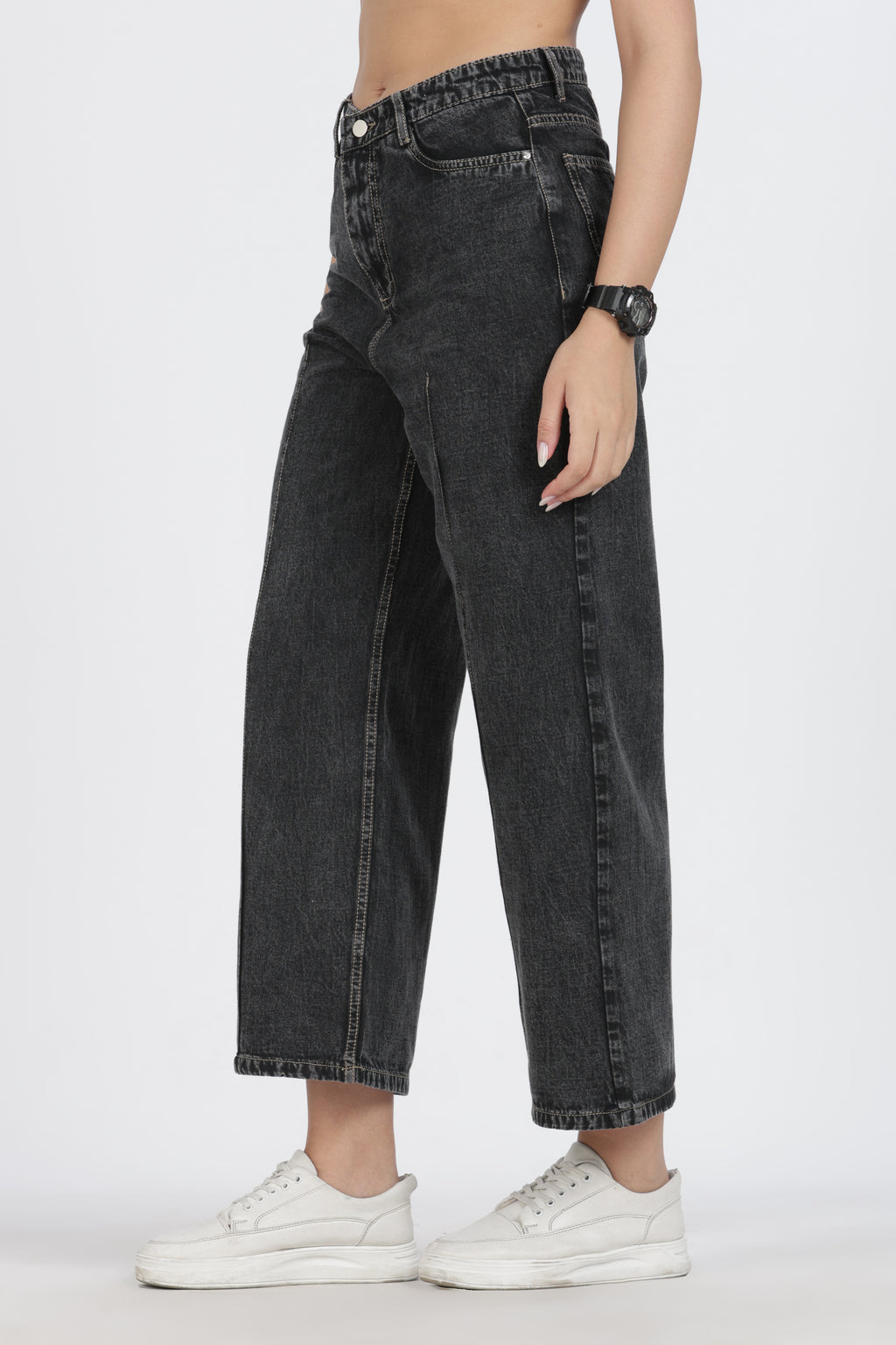 चारकोल फ्रंट-सीम वाइड लेग जीन - डेनिम कॉटन
