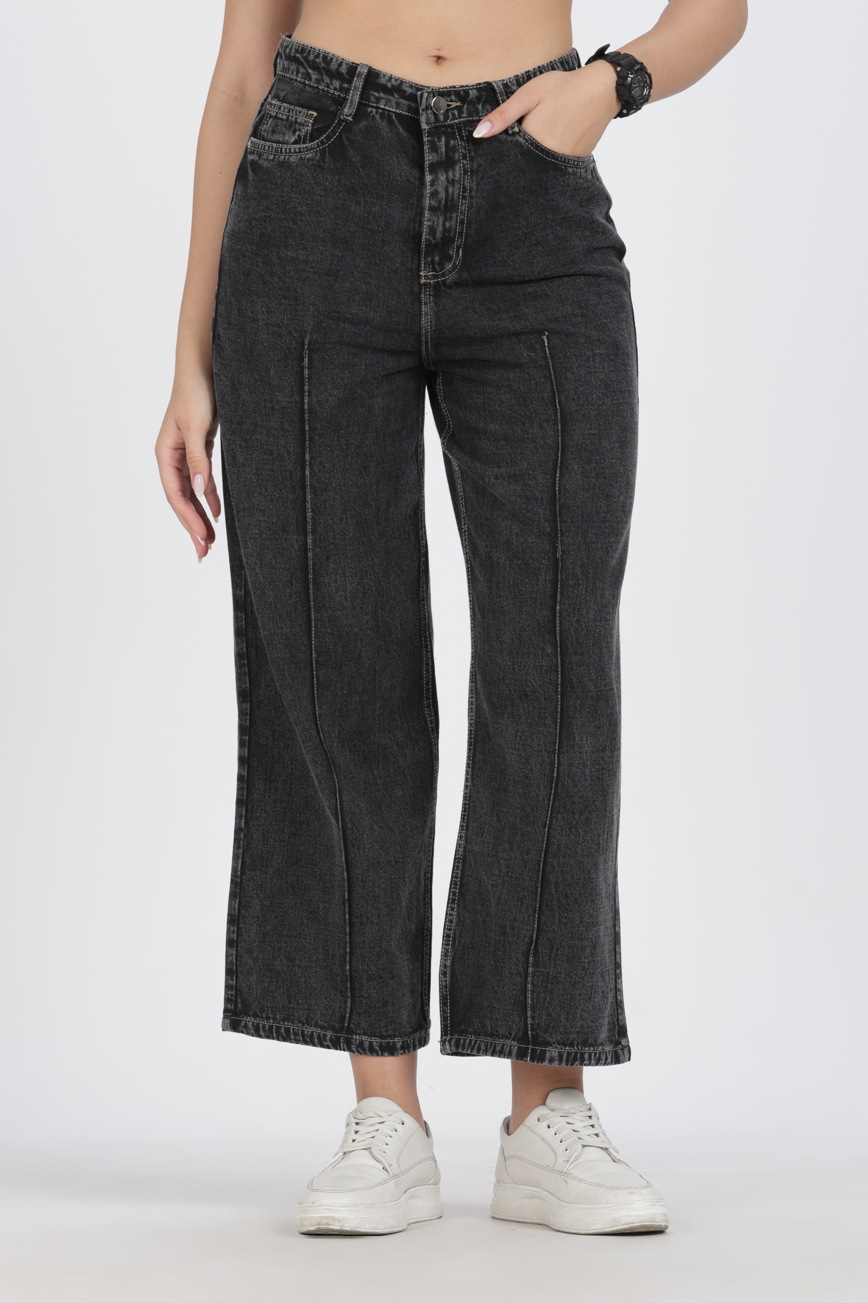 The Charcoal Front-Seam Wide Leg Jean - Denim Cotton