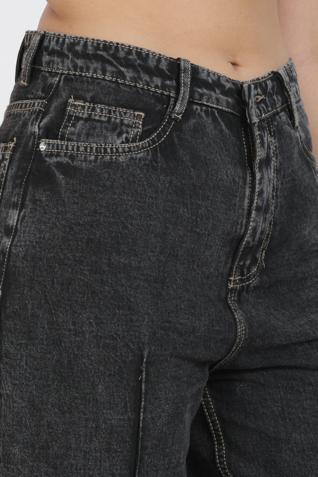 चारकोल फ्रंट-सीम वाइड लेग जीन - डेनिम कॉटन