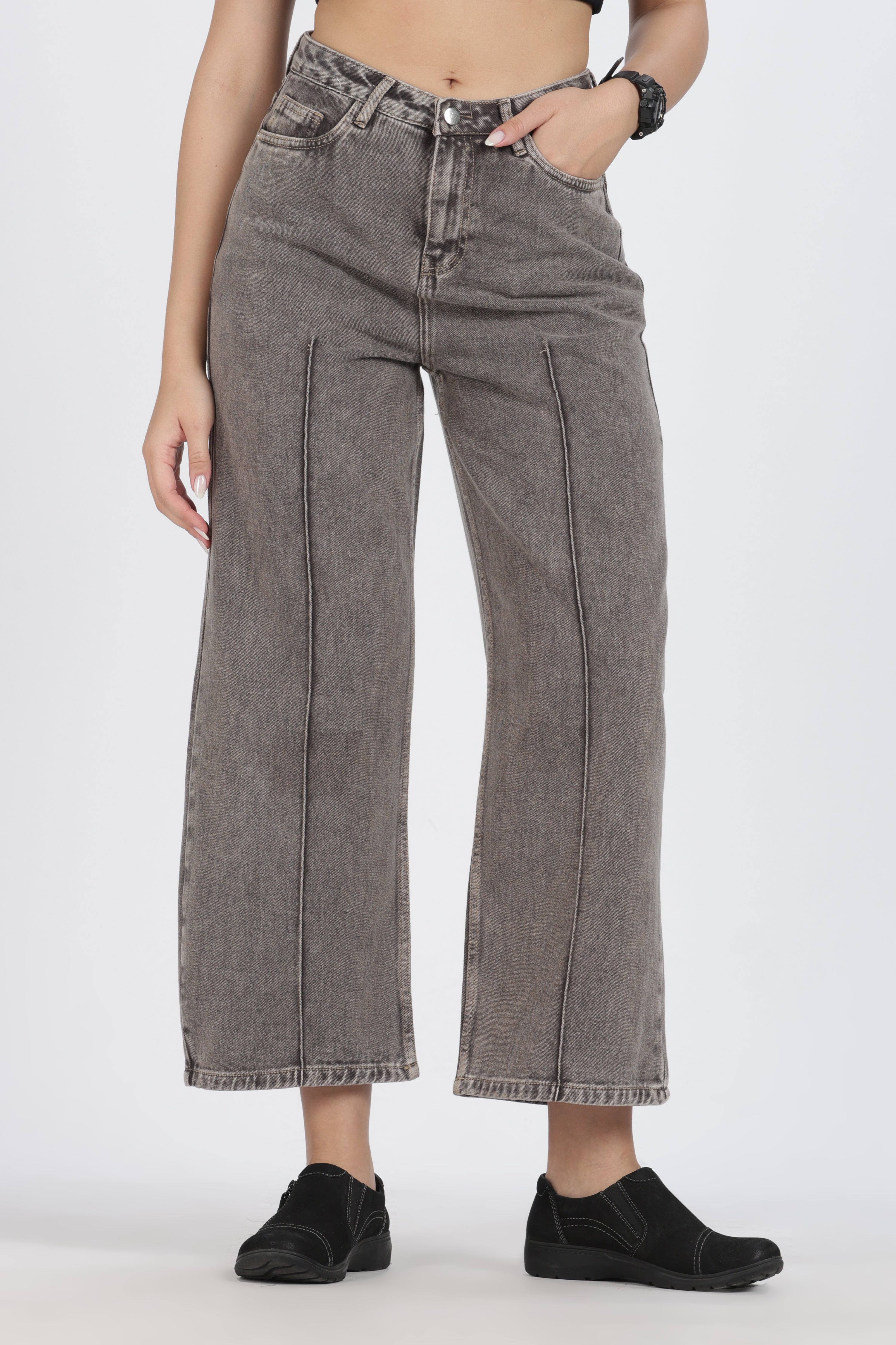 The Vintage Grey Front-Seam Wide Leg Jean - Denim Cotton