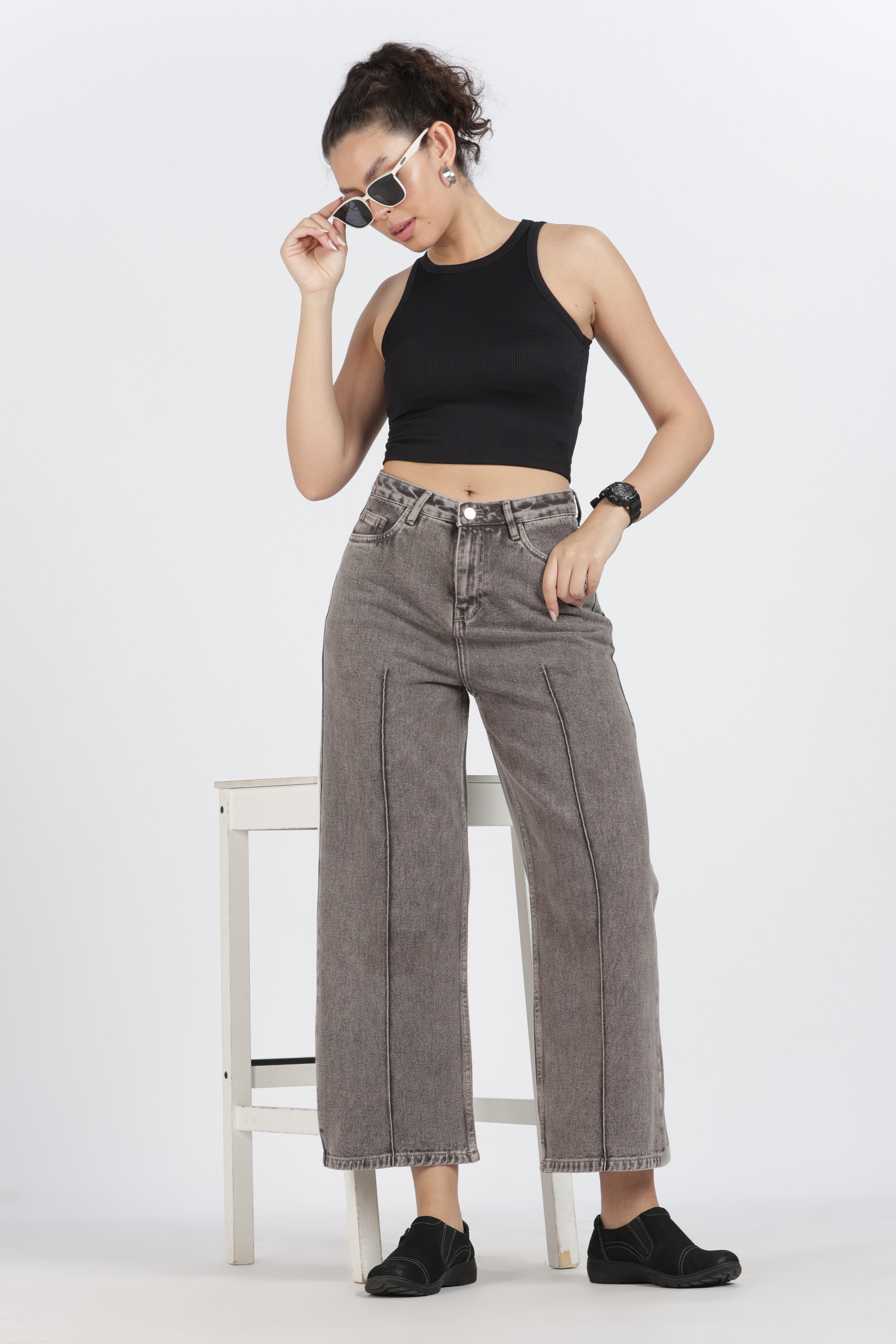 The Vintage Grey Front-Seam Wide Leg Jean - Denim Cotton