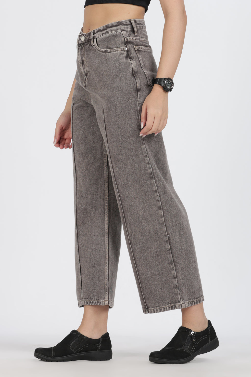 The Vintage Grey Front-Seam Wide Leg Jean - Denim Cotton