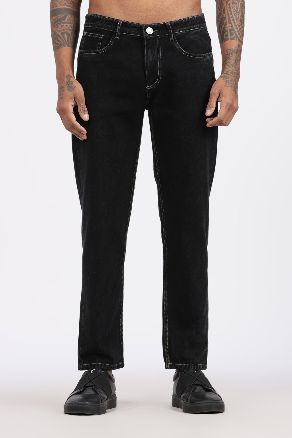 Men's Slim Tapered Jeans with Contrast Stitching - Black